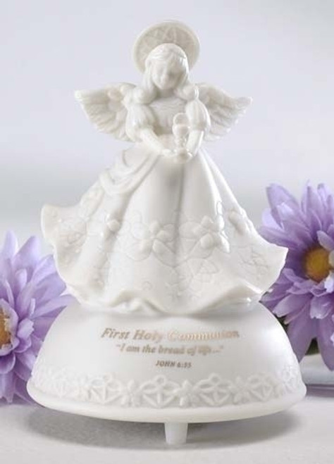 First Communion Musical Figurine Angel Holding blessed Sacrament made of White Porcelain and plays the Lord’s Prayer Melody measures 5 inches RO92102 First Communion Musical Figurine Angel Holding blessed Sacrament made of White Porcelain and plays the Lord’s Prayer Melody measures 5 inches RO92102