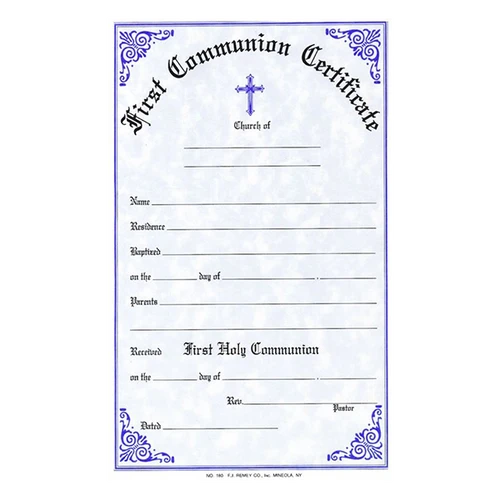 First Communion Certificate in English - Fill in the Blanks 