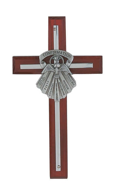 Confirmation Wall Cross | Gifts of the Holy Spirit | 7" | Wood & Metal | Cherry Finish | 7718