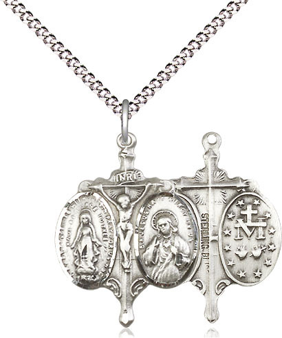 Novena Medal Cross Pendant - Sterling Silver with Light Rhodium 18" Chain