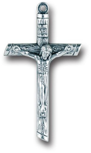 Silver oxidized metal crucifix with log-style cross design with textured detailing