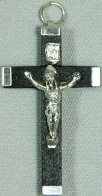 black Crucifix with metal Corpus placard and tips measures 1 and 3 quarter inches made of wood and fitted with ring A45NERO black Crucifix with metal Corpus placard and tips measures 1 and 3 quarter inches made of wood and fitted with ring A45NERO
