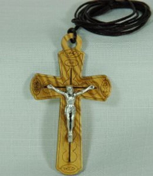 Crucifix pendant with Eucharistic symbols made of wood and metal measures 2 and 1 quarter inches on black cord from italy pg458 Crucifix pendant with Eucharistic symbols made of wood and metal measures 2 and 1 quarter inches on black cord from italy pg458