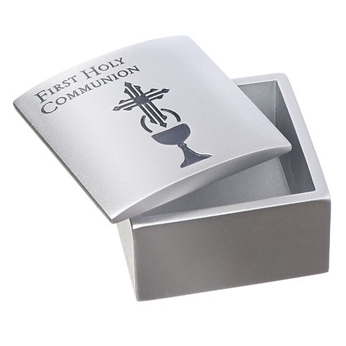 silver First Communion Keepsake Box with bass relief Blessed Sacrament made of Resin measures 3 and 1 eighth square and 2 inches deep RO63107 silver First Communion Keepsake Box with bass relief Blessed Sacrament made of Resin measures 3 and 1 eighth square and 2 inches deep RO63107