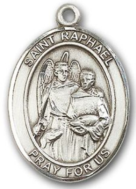 Sterling Silver Oval Medal-Size Large-24" Chain-1 1/4"-St. Raphael Sterling Silver Oval Medal-Size Large-24" Chain-1 1/4"-St. Raphael