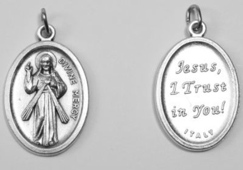 Oval Divine Mercy Medal with Obverse reading Jesus I Trust In You Silver Oxidized Metal measures 3 quarters by 5 eighths by 1 sixteenth inch Made In Italy BOM310 Oval Divine Mercy Medal with Obverse reading Jesus I Trust In You Silver Oxidized Metal measures 3 quarters by 5 eighths by 1 sixteenth inch Made In Italy BOM310