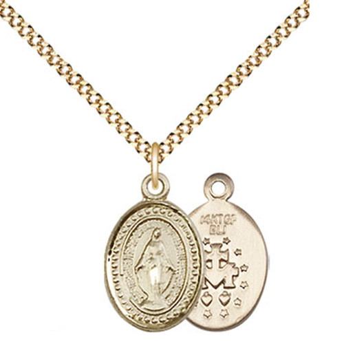 Miraculous Medal in solid gold with gold plated 18" chain 