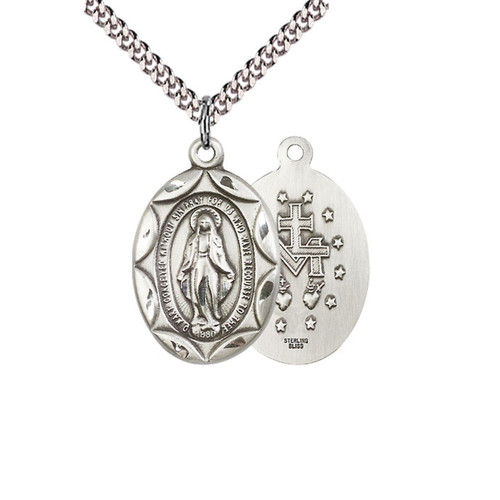 Sterling Silver Miraculous Medal with Elegant Border and 24" Chain 