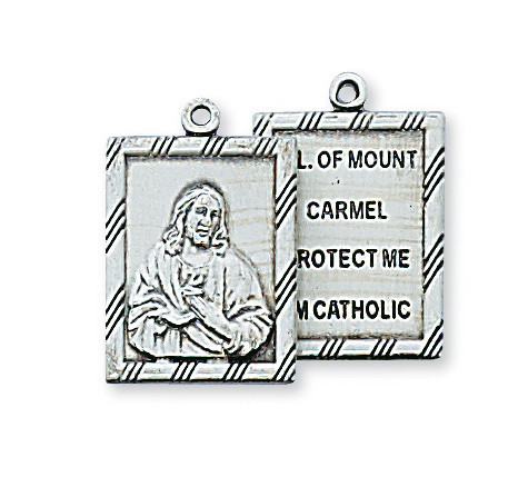 2 scapular panels measuring  3 quarters by 1 half inch made of sterling silver on 18 inch rhodium plated chain made in u s a mal611