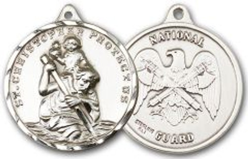 Sterling Silver Round Medal-24" Chain-1 1/4"-St. Christopher & National Guard Sterling Silver Round Medal-24" Chain-1 1/4"-St. Christopher & National Guard