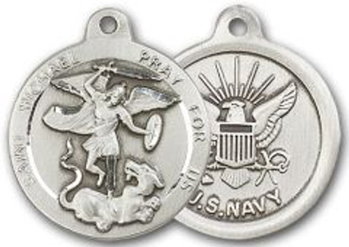 Sterling Silver Round Medal-24" Chain-13/16"-St. Michael & Navy