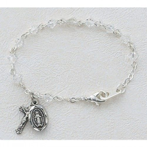 baby bracelet one decade rosary with rhodium plated crucifix and miraculous medal and 4 millimeter crystal beads MABR126D baby bracelet one decade rosary with rhodium plated crucifix and miraculous medal and 4 millimeter crystal beads MABR126D