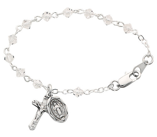 Baby Bracelet with clear crystals and silver tone crucifix and miraculous medal