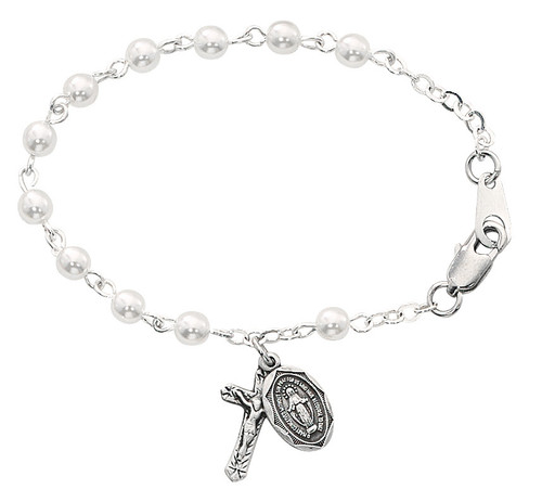 Pearl Baby Bracelet with sterling silver crucifix and miraculous medal 
