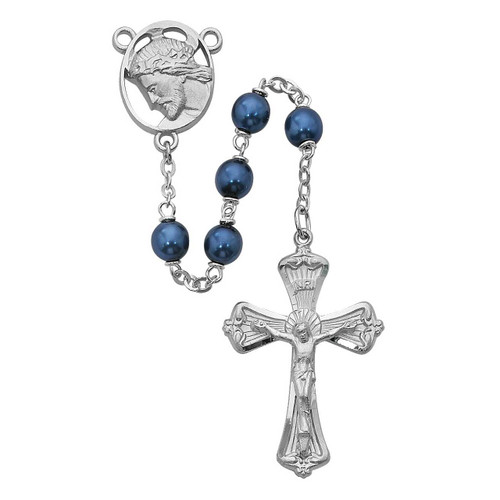 Ecce Homo Rosary with Blue Metallic Glass Beads Detail 