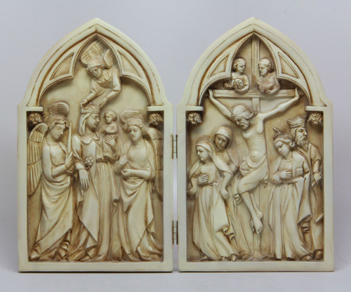 Diptych Crucifixion Aged Ivory Color Accented By Hand made of Resin shows Crucifixion and crowning of Mary measures 5 inches by 8 inches by 1 and 1 half inches PT9509 Diptych Crucifixion Aged Ivory Color Accented By Hand made of Resin shows Crucifixion and crowning of Mary measures 5 inches by 8 inches by 1 and 1 half inches PT9509