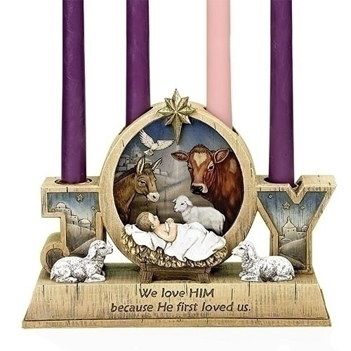 Joy Advent Candleholder | Message | Jesus & Animals | Resin | 9" Joy Advent Candleholder | Message | Jesus & Animals | Resin | 9"