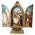 Nativity Triptych Scene shows Holy Family Angel Shepherd and Wise Men In Arch With Hinged Doors measures 9 by 4 and one quarter by 2 and one quarter inches RO34358