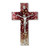 wall Crucifix with red silver and gold colored design on glass cross with pewter Corpus and placard measures 7 inches high HI41P7SC8