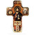 cross with Christ the Pantocrator at center surrounded with icon style images has gold accents on wood backing measures 7 inches high tie45111
