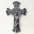 Saint Benedict Wall Crucifix IN Antique Silver Finish Embellished Ends Resin Stone Mix measures 10 and 1 quarter inches by 6 and 3 quarters inches RO40737