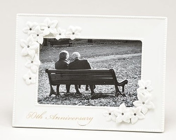 White Porcelain Fiftieth Wedding Anniversary Frame With Flowers And Rhinestones Holds 4 By Six Inch Photo RO10065  78134.1532530294.350.350 ?c=2