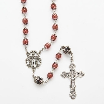 Rosary with Ruby Red Crystal Beads, Metal Chain with 2 Crucifix, Gift for  Catholic