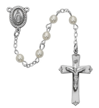 18 Inch Rhodium Plated Necklace w// 4mm Faux-Pearl Beads and Jerusalem Cross