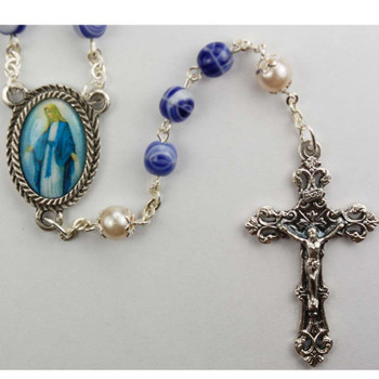 Silver - Crucifix & Our Lady Of Grace Centerpiece Set Rosary