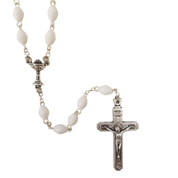 First Communion Rosary Beads | Blessed Sacrament | White Oval Beads - F
