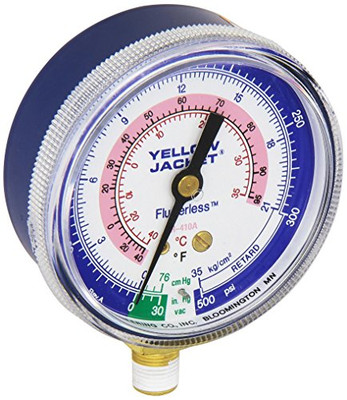 YELLOW JACKET 49036 Gauge (degrees F), 2-1/2", Blue Compound, 30"-0-300 kg/cm2/psi, R-410A YELLOW JACKET 49036 Gauge (degrees F), 2-1/2", Blue Compound, 30"-0-300 kg/cm2/psi, R-410A