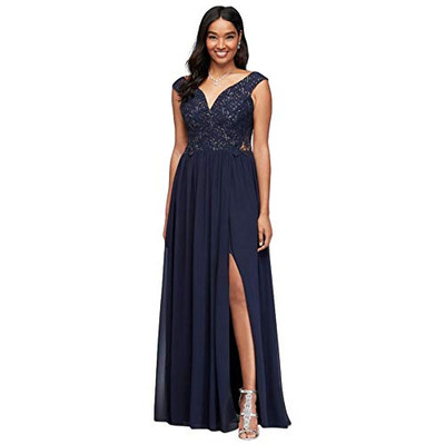 Bosch 11033269 David's Bridal Off-The-Shoulder Metallic Lace and Chiffon Gown Style 3471RJ4C, Navy, 4