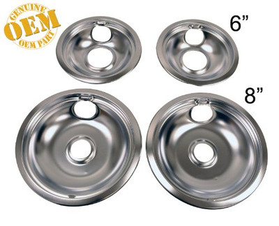 Whirlpool W10196405RW - NEW FACTORY ORIGINAL CHROME OVEN COMPLETE DRIP 4 PAN BOWL SET ( INCLUDES 2 - 6" AND 2 - 8" )