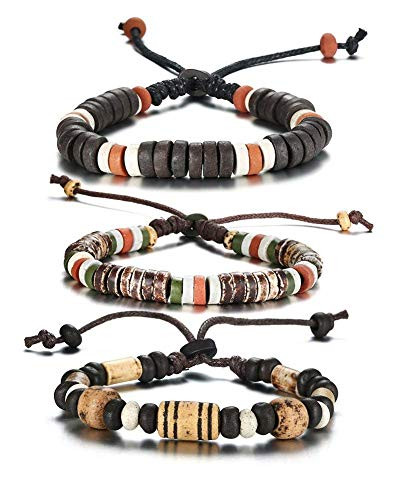 Bosch 11030725 JAJAFOOK Unisex Handmade Tribal Style Wood Beads and Stone Bead Bracelets on Adjustable Brown Cord, Boho Jewelry,Pack of 3