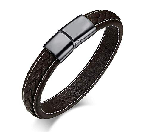 Bosch 11030853 JAJAFOOK Stainless Steel Magnetic Clasp Classic Genuine Braided Leather Wristband Men's Boy Bracelets,Coffee Black -21cm