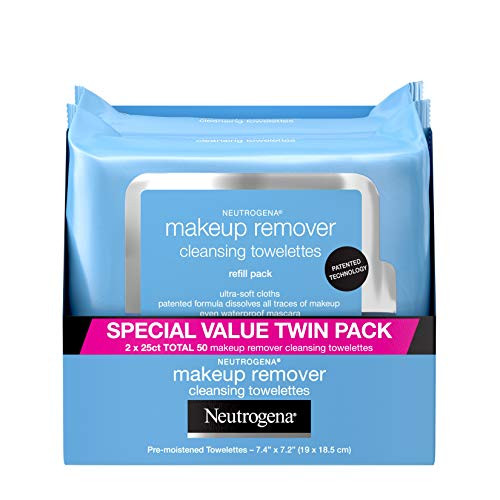 Fisher Paykel 212571 Neutrogena Makeup Remover Cleansing Towelettes, Daily Cleansing Face Wipes to Remove Waterproof Makeup and Mascara, Alcohol-Free, Value Twin Pack, 25 count, 2 Pack