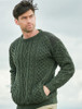 Crew Neck Aran Sweater With Tweed Patches - Army Green