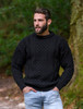 Men's Cable Knit Crew Neck Aran Wool Sweater - Black