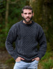 Men's Cable Knit Crew Neck Aran Wool Sweater - Charcoal