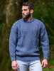 Men's Cable Knit Crew Neck Aran Wool Sweater - Caspian