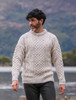 Men's Cable Knit Crew Neck Aran Wool Sweater - White with Fleck
