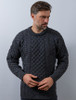 Mens Heavyweight Traditional Aran Wool Sweater - Charcoal