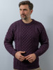 Mens Heavyweight Traditional Aran Wool Sweater - Damson