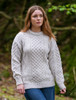 Cable Knit Crew Neck Aran Wool Sweater - White with Fleck