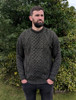 Men's Traditional Aran Wool Crew Neck Sweater - Moss Green