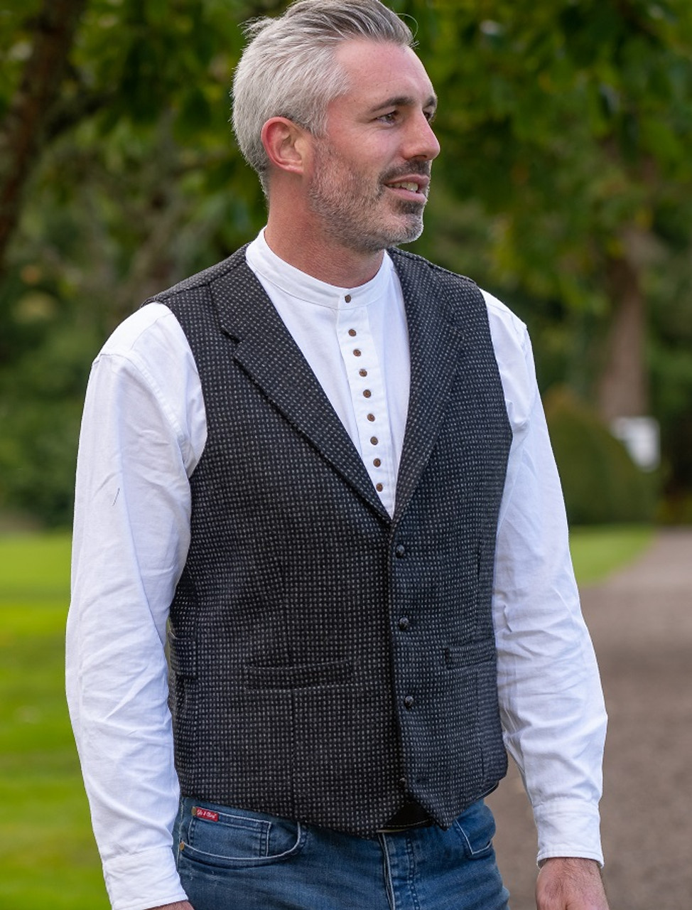 Black and Grey Night Check Tweed Waistcoat With Lapel