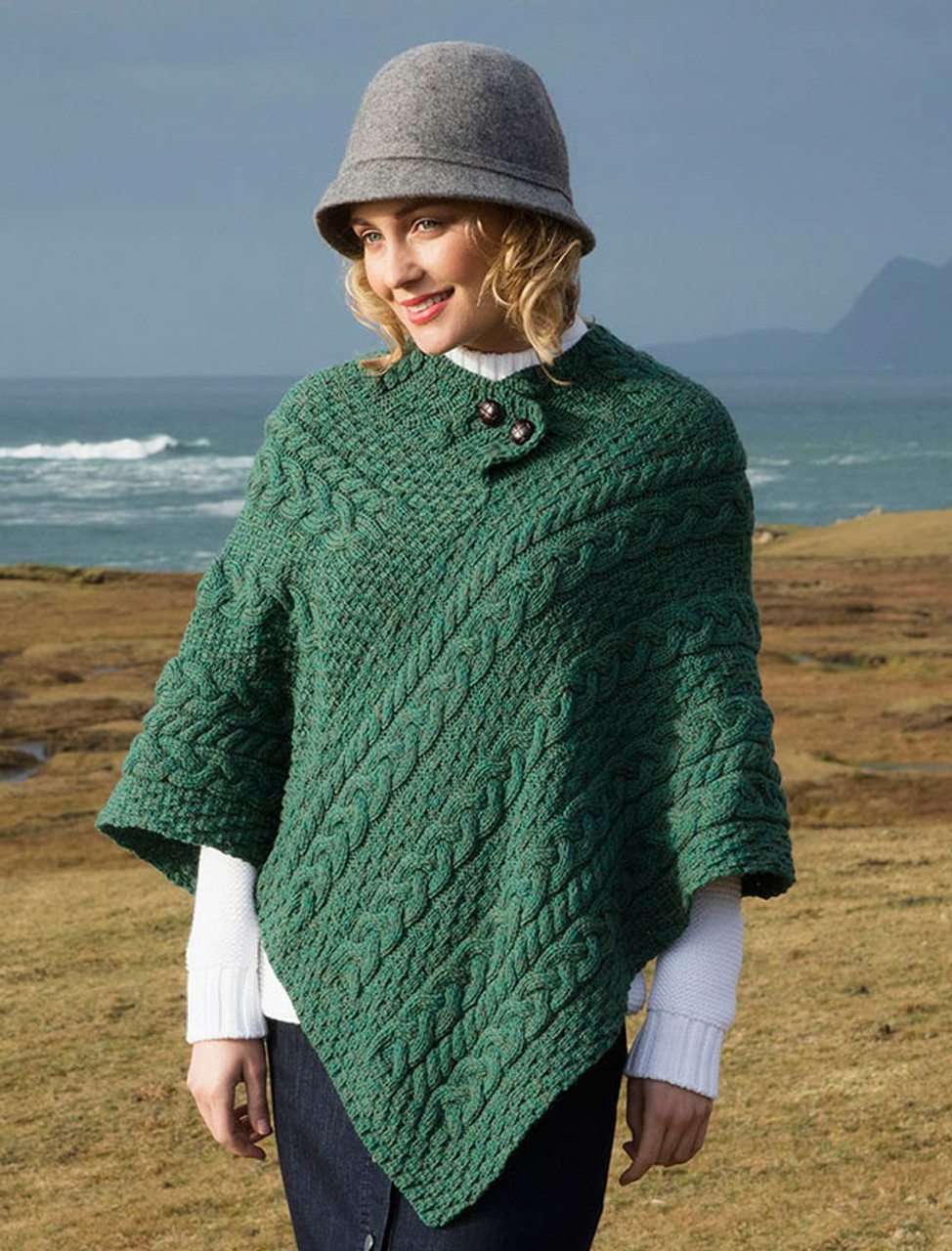 Cable Aran Poncho With Button Detail