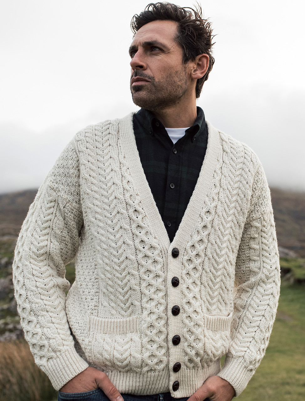 Pure Wool Cable Knit V-Neck Cardigan, Celtic & Co.