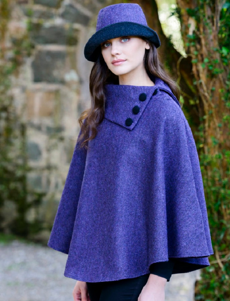 Mucros Tweed Poncho - Purple Herringbone