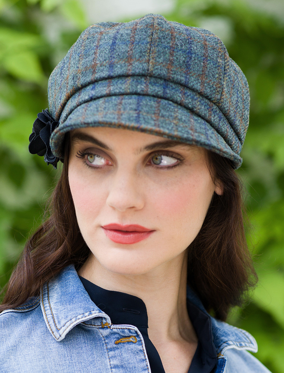 Ladies Tweed Newsboy Hat - Teal & Brown Plaid | Mucros Weavers